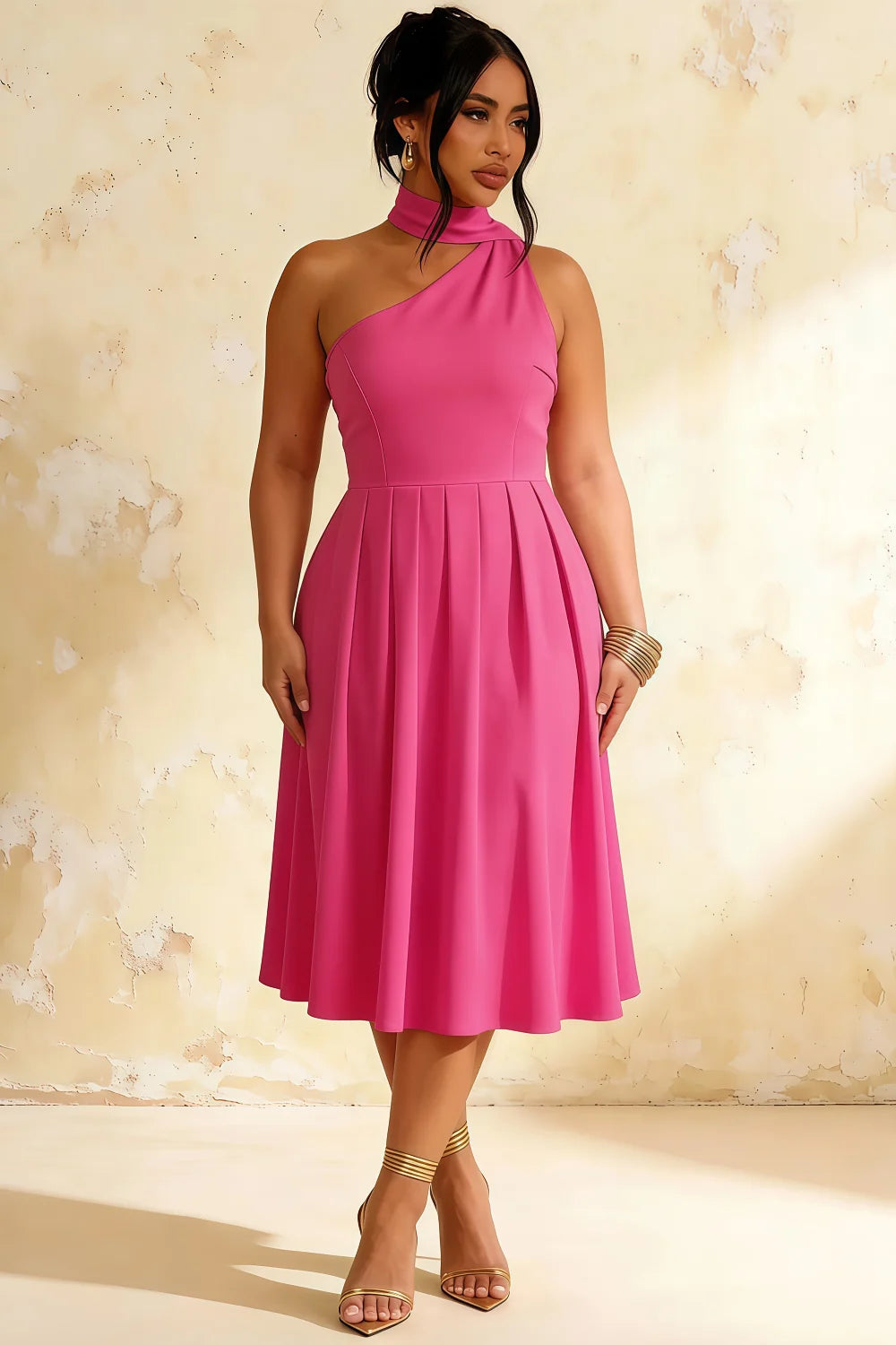 Helen One Shoulder Hot Pink Midi Dress with Scarf | Elegant Evening Wear