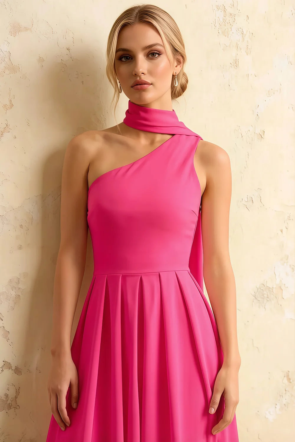 Helen One Shoulder Hot Pink Midi Dress with Scarf | Elegant Evening Wear