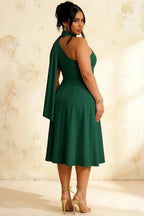 Helen One Shoulder Hunter Green Midi Dress with Scarf | A-Line Asymmetrical Dress for Elegant Evenings