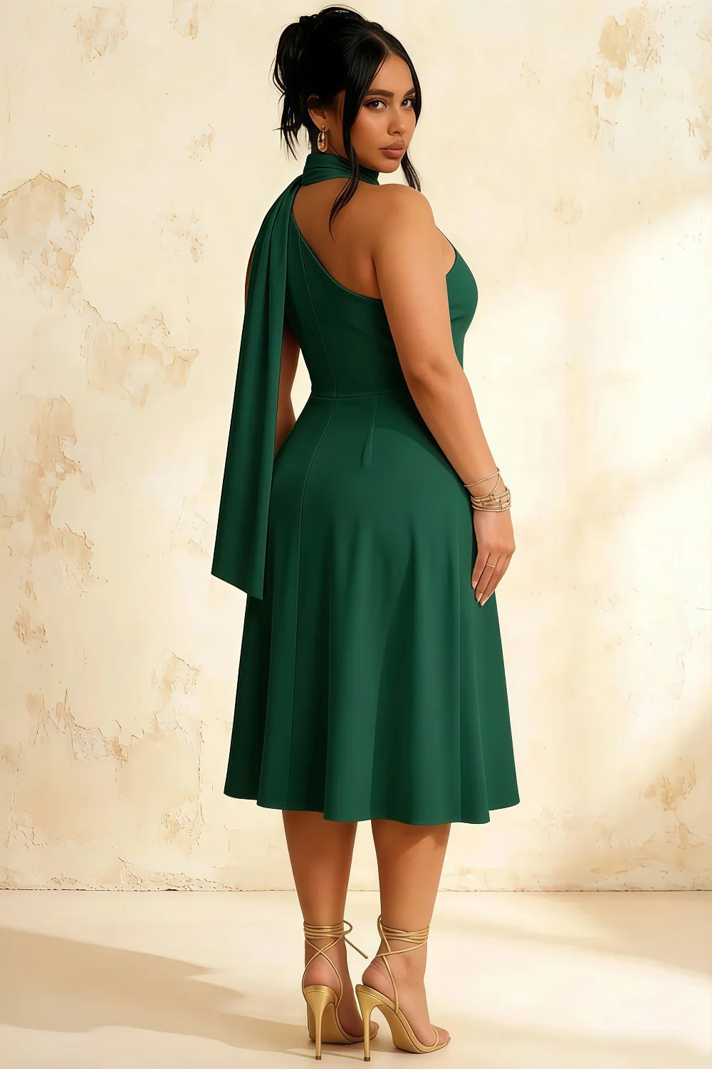 Helen One Shoulder Hunter Green Midi Dress with Scarf | A-Line Asymmetrical Dress for Elegant Evenings