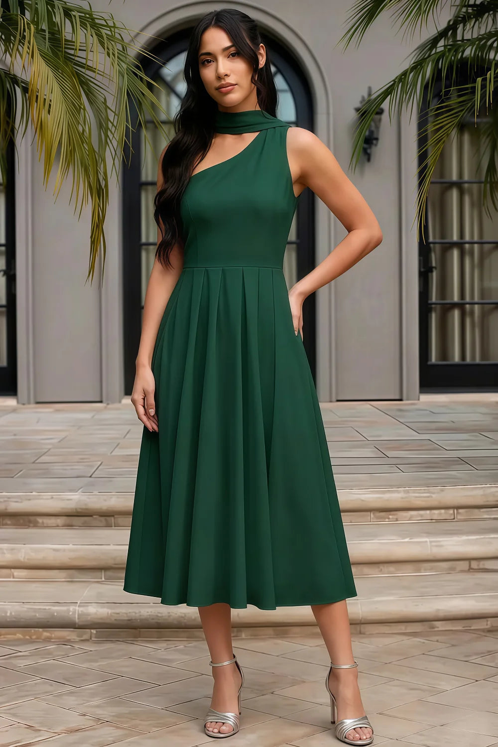 Helen One Shoulder Hunter Green Midi Dress with Scarf | A-Line Asymmetrical Dress for Elegant Evenings