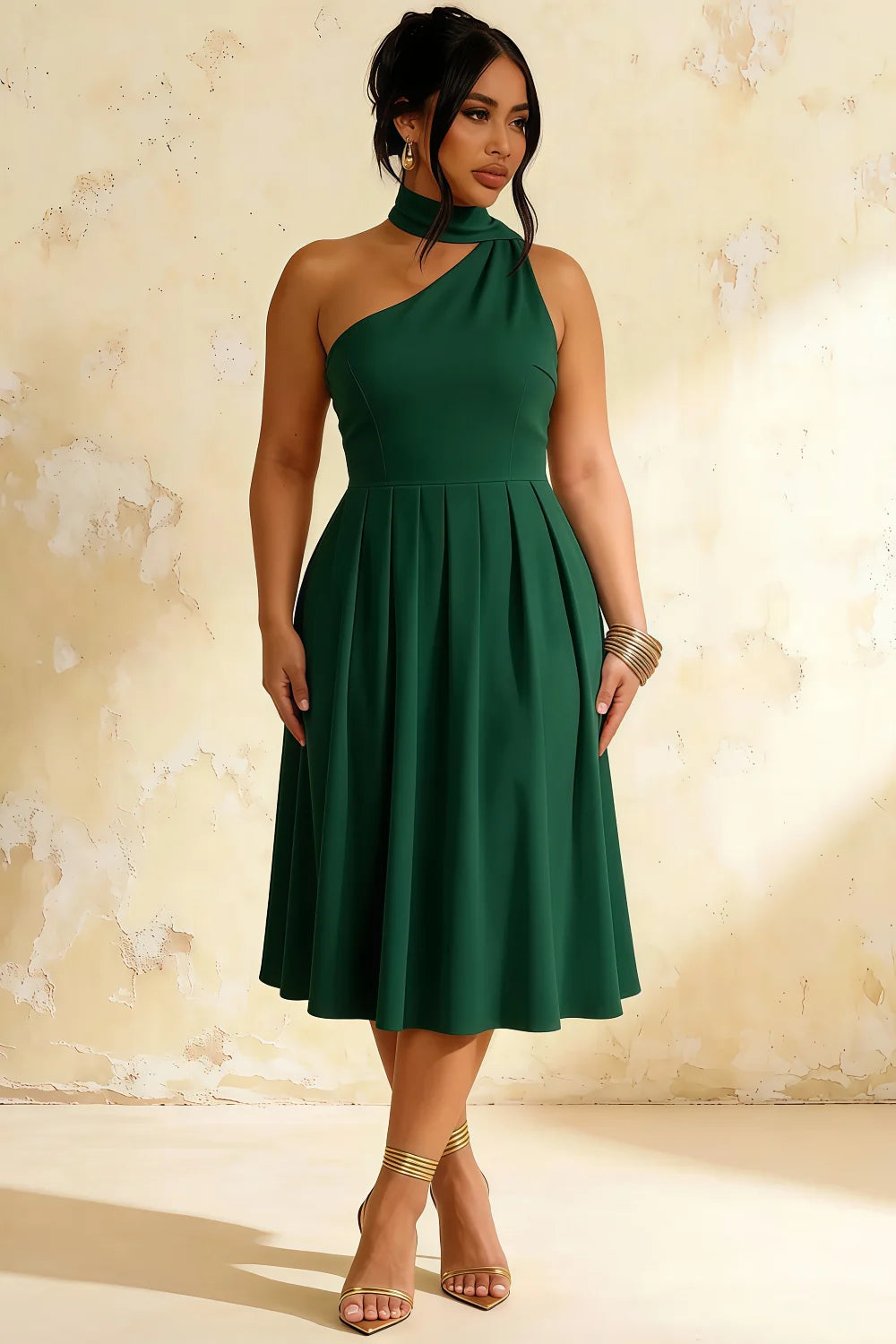 Helen One Shoulder Hunter Green Midi Dress with Scarf | A-Line Asymmetrical Dress for Elegant Evenings