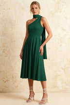 Helen One Shoulder Hunter Green Midi Dress with Scarf | A-Line Asymmetrical Dress for Elegant Evenings