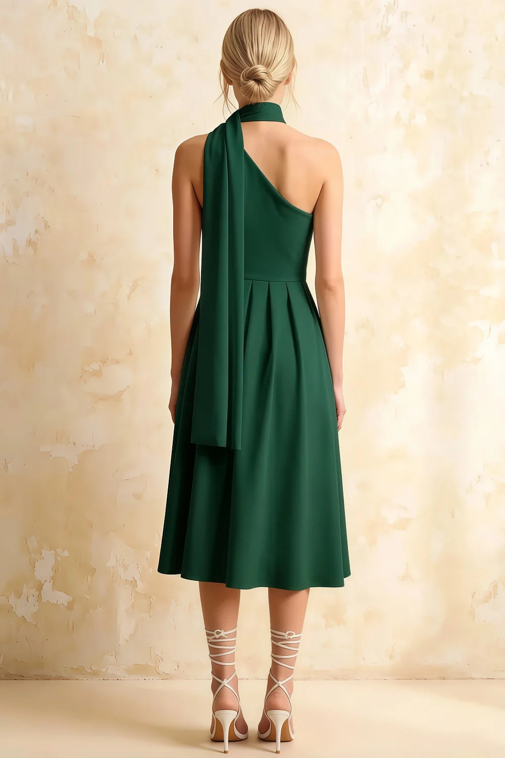 Helen One Shoulder Hunter Green Midi Dress with Scarf | A-Line Asymmetrical Dress for Elegant Evenings