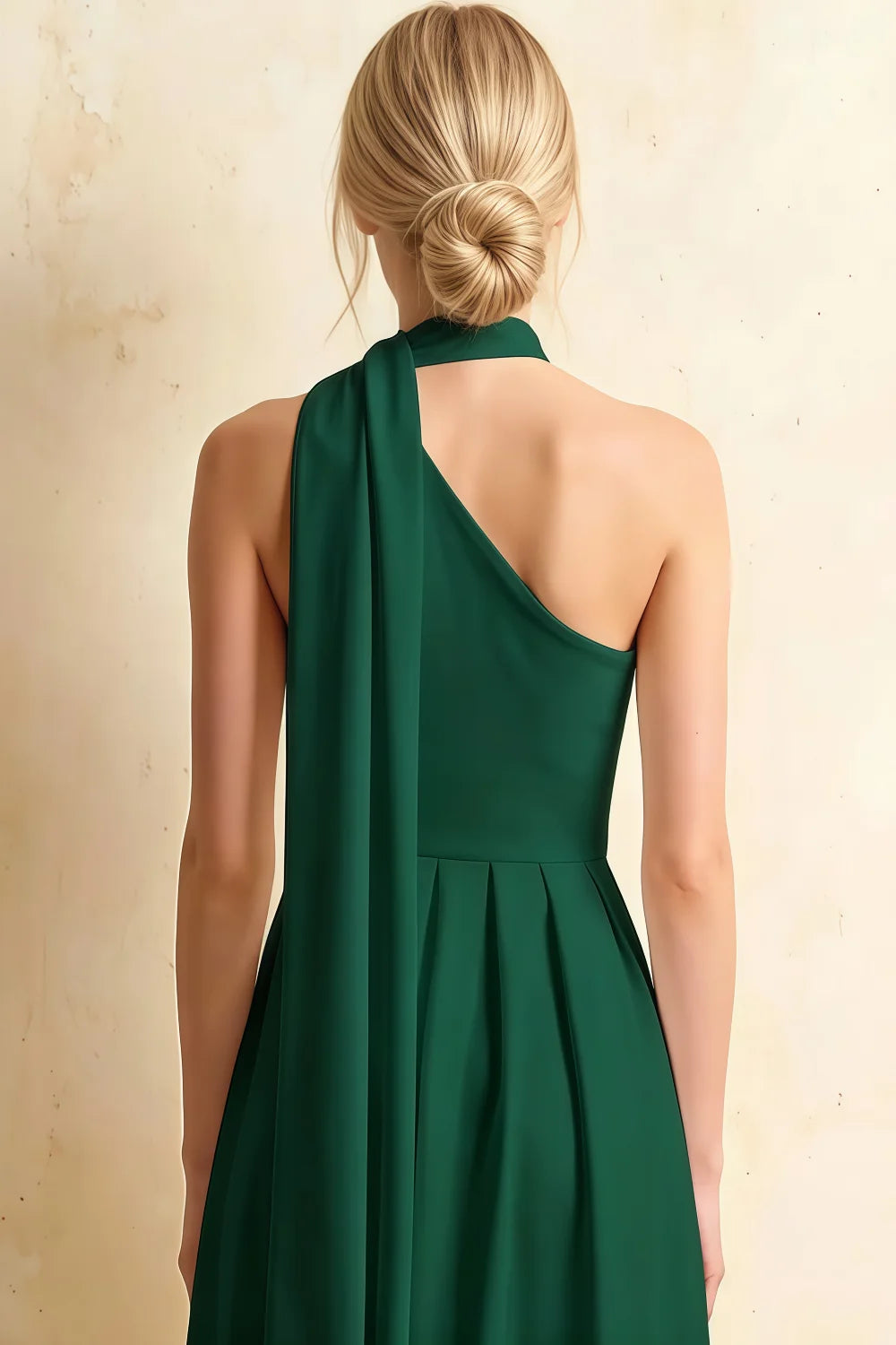 Helen One Shoulder Hunter Green Midi Dress with Scarf | A-Line Asymmetrical Dress for Elegant Evenings
