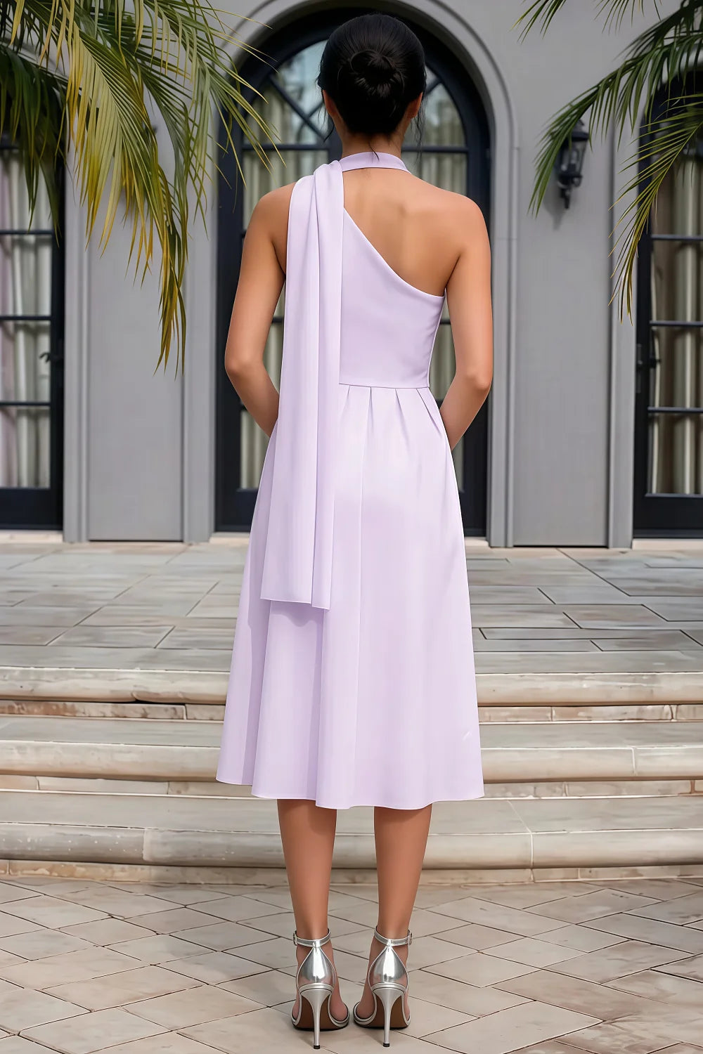 Helen One Shoulder Lavender Midi Dress with Scarf Secondary image