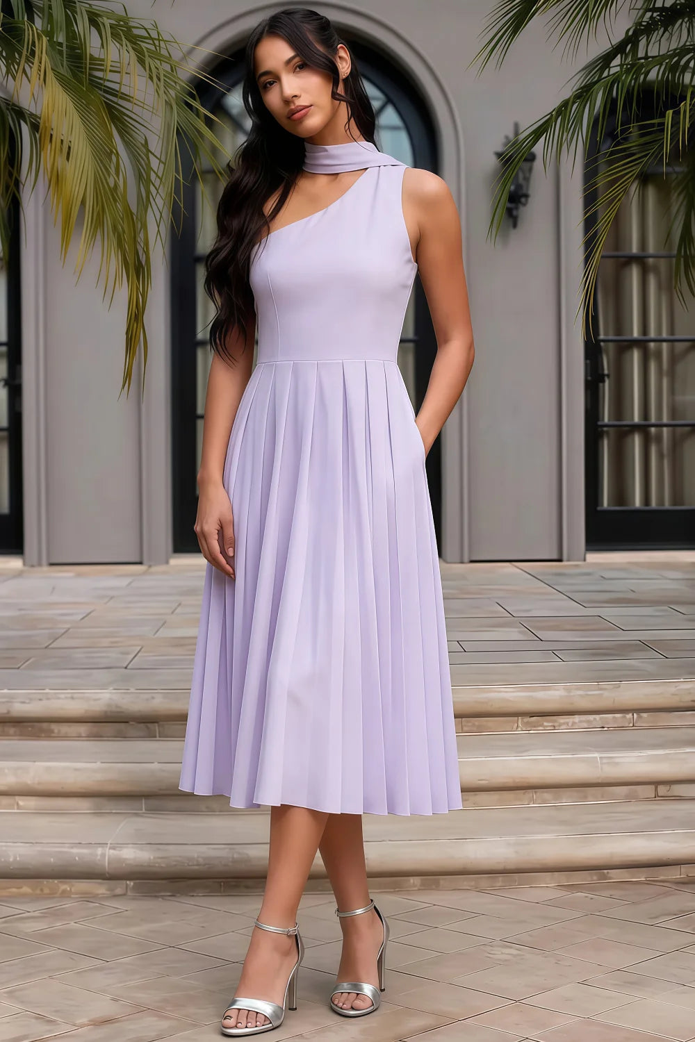 Helen One Shoulder Lavender Midi Dress with Scarf