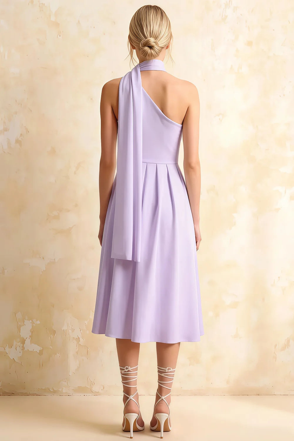 Helen One Shoulder Lavender Midi Dress with Scarf