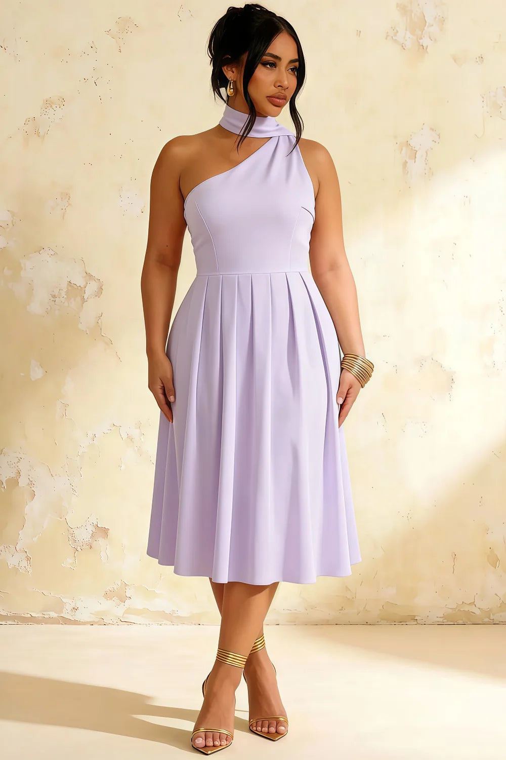 Helen One Shoulder Lavender Midi Dress with Scarf