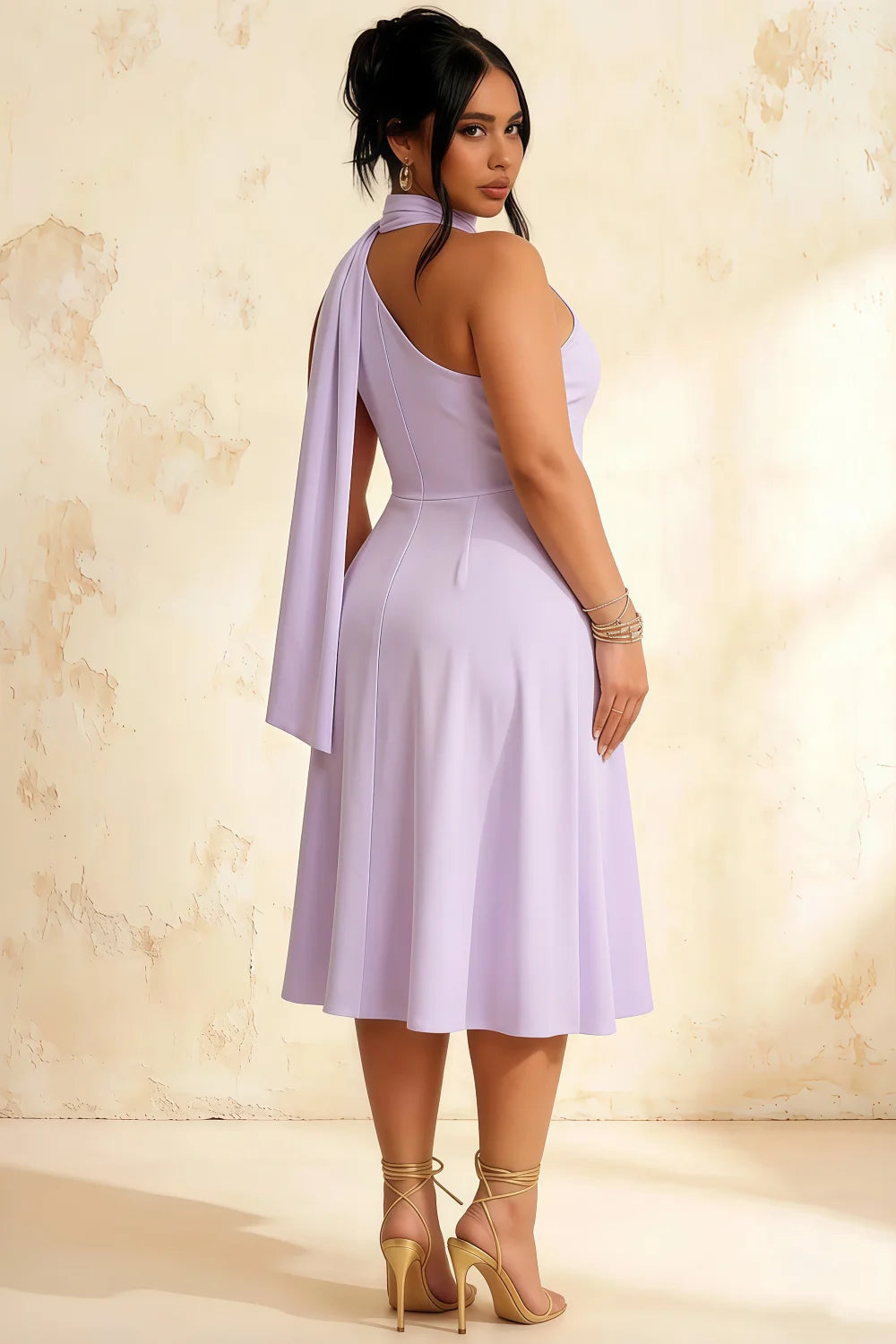 Helen One Shoulder Lavender Midi Dress with Scarf