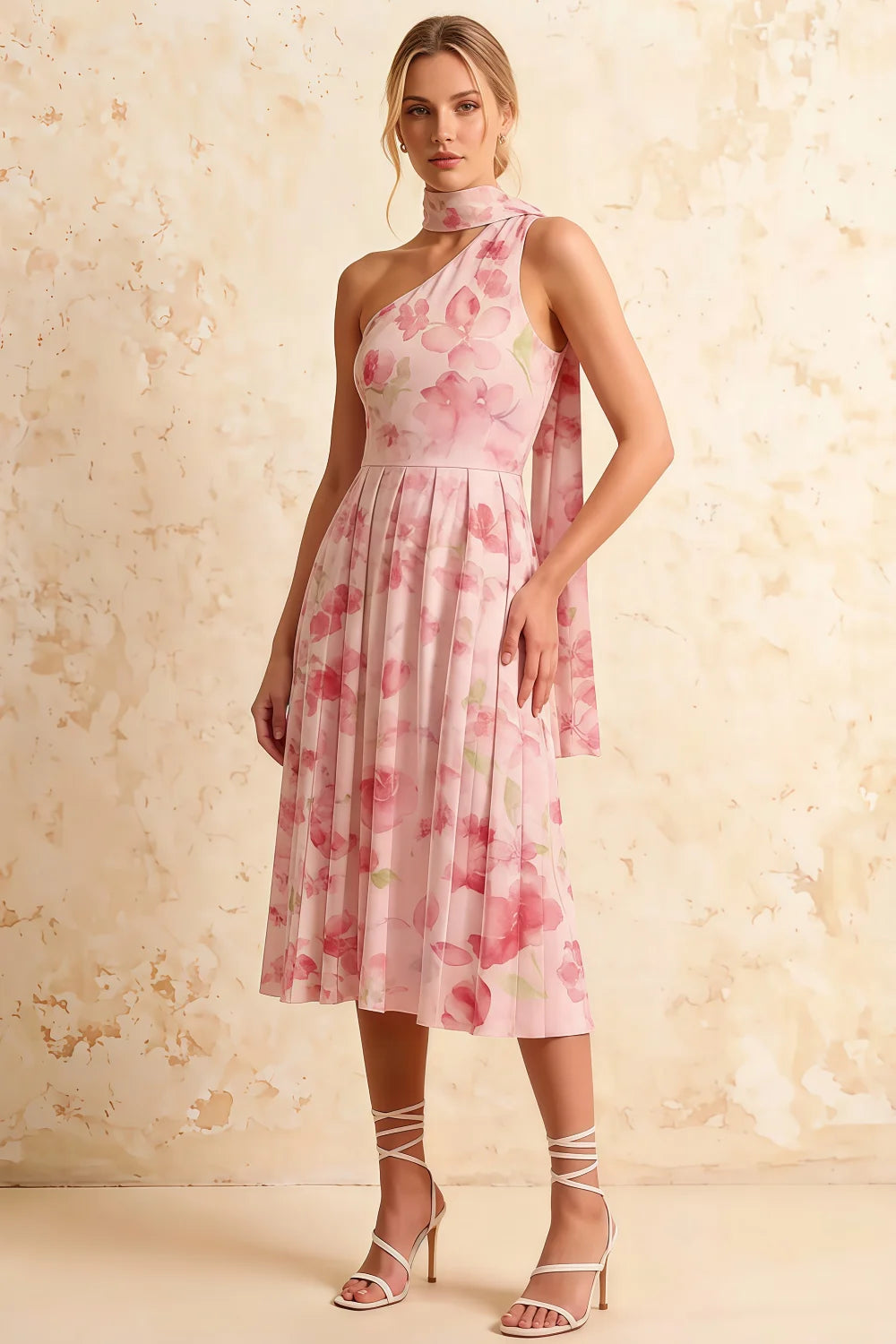 Helen One Shoulder Light Pink Floral Midi Dress with Scarf