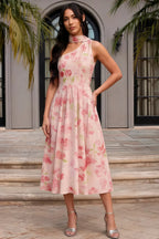 Helen One Shoulder Light Pink Floral Midi Dress with Scarf