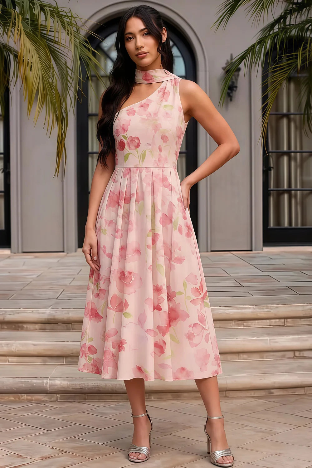 Vestido midi floral rosa claro Helen con un solo hombro y pañuelo