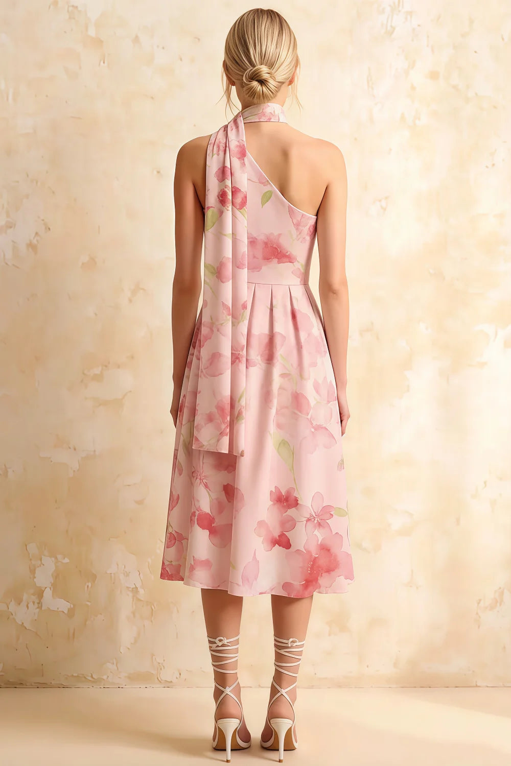 Helen One Shoulder Light Pink Floral Midi Dress with Scarf