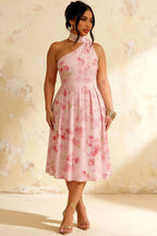 Helen One Shoulder Light Pink Floral Midi Dress with Scarf