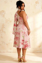 Helen One Shoulder Light Pink Floral Midi Dress with Scarf