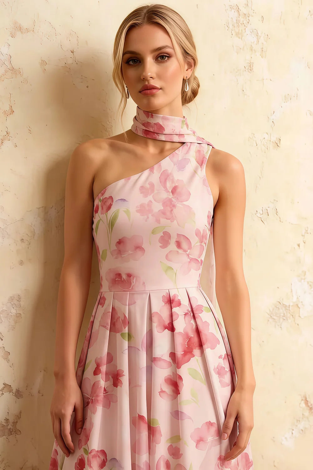Helen One Shoulder Light Pink Floral Midi Dress with Scarf