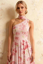 Helen One Shoulder Light Pink Floral Midi Dress with Scarf