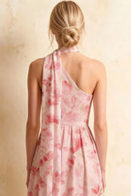 Helen One Shoulder Light Pink Floral Midi Dress with Scarf