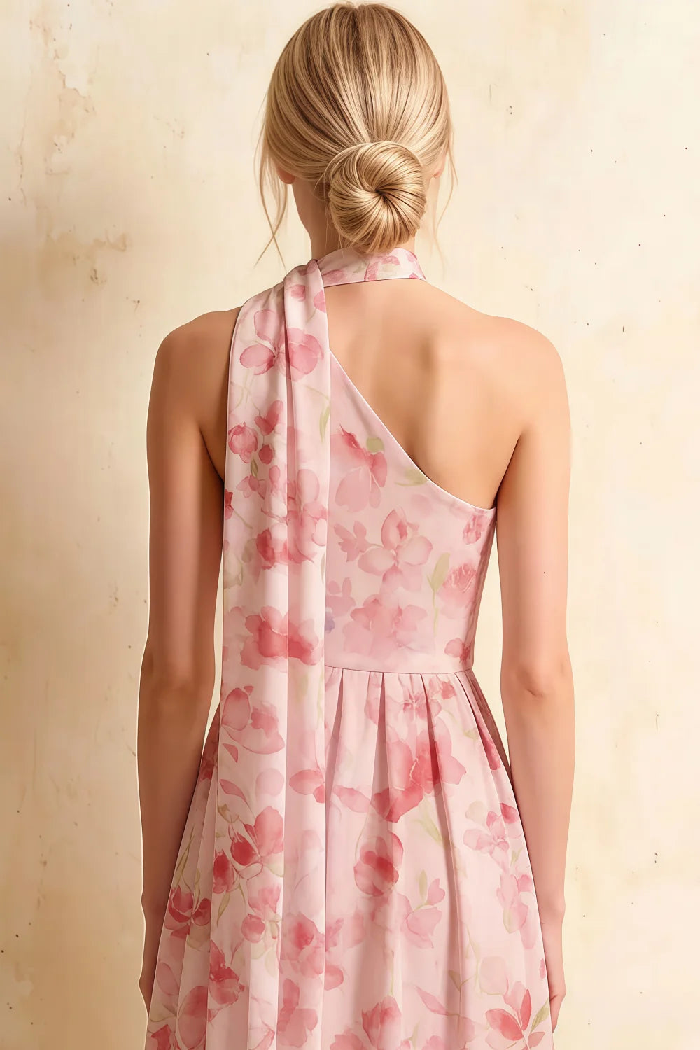 Vestido midi floral rosa claro Helen con un solo hombro y pañuelo