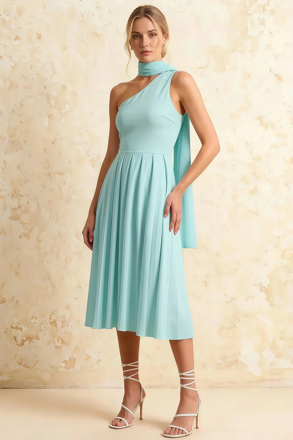 Helen One Shoulder Powder Blue Midi Dress with Scarf Main image