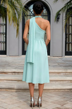 Helen One Shoulder Powder Blue Midi Dress with Scarf