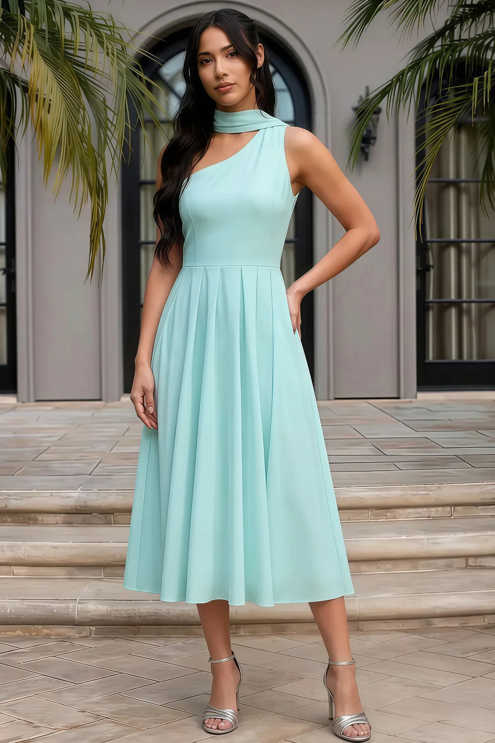 Helen One Shoulder Powder Blue Midi Dress with Scarf