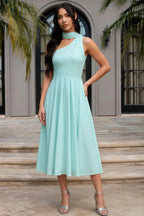 Helen One Shoulder Powder Blue Midi Dress with Scarf