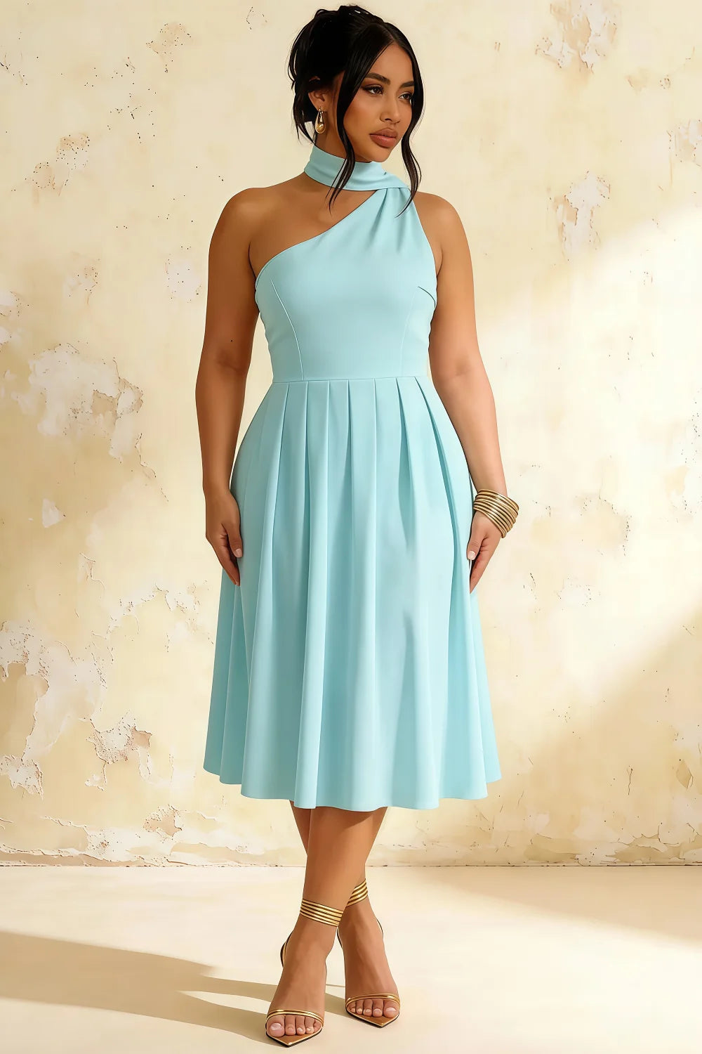 Helen One Shoulder Powder Blue Midi Dress with Scarf