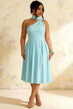Helen One Shoulder Powder Blue Midi Dress with Scarf