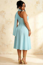 Helen One Shoulder Powder Blue Midi Dress with Scarf