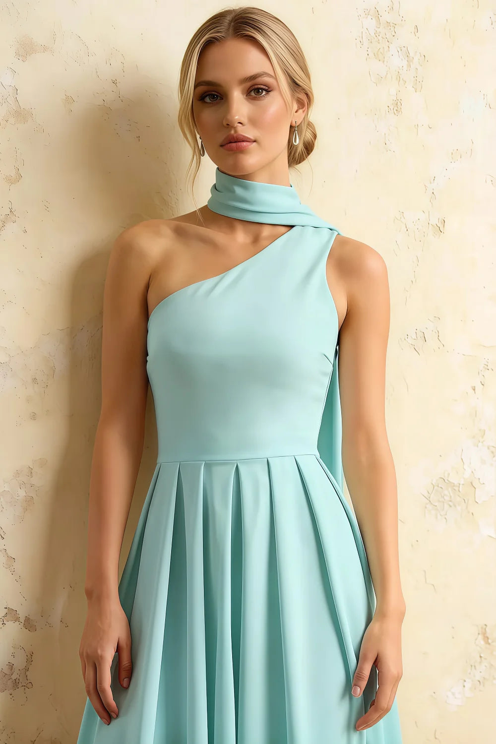 Helen One Shoulder Powder Blue Midi Dress with Scarf