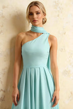 Helen One Shoulder Powder Blue Midi Dress with Scarf