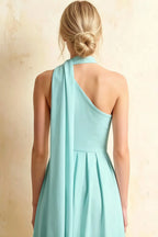 Helen One Shoulder Powder Blue Midi Dress with Scarf