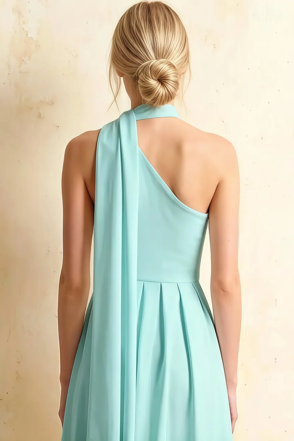 Helen One Shoulder Powder Blue Midi Dress with Scarf