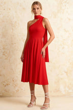 Helen One Shoulder Red Midi Dress with Scarf