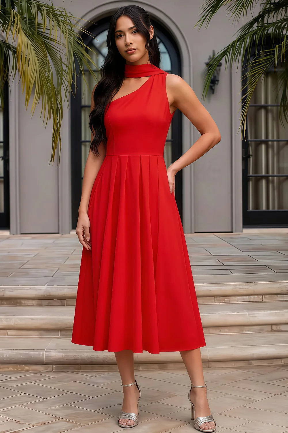 Helen One Shoulder Red Midi Dress with Scarf Secondary image