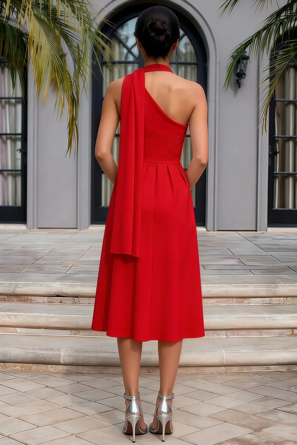 Vestido midi rojo asimétrico Helen con pañuelo