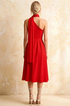 Helen One Shoulder Red Midi Dress with Scarf