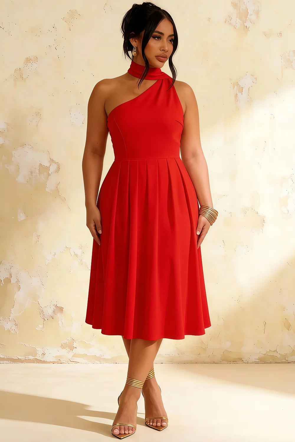 Helen One Shoulder Red Midi Dress with Scarf