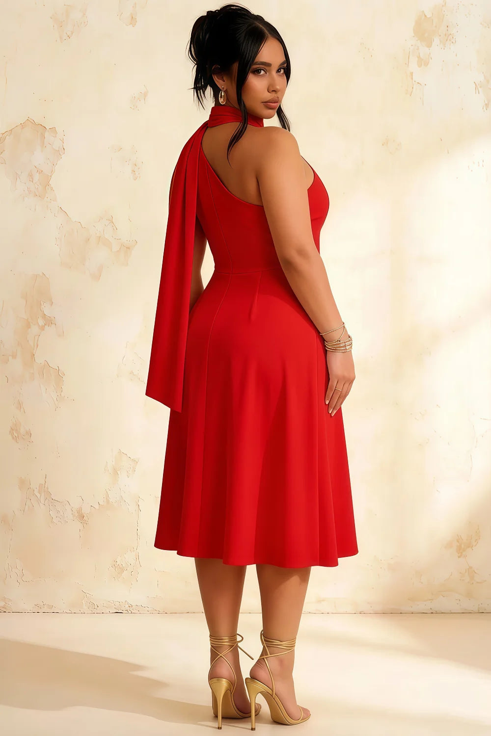 Helen One Shoulder Red Midi Dress with Scarf