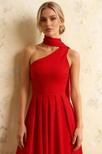 Helen One Shoulder Red Midi Dress with Scarf