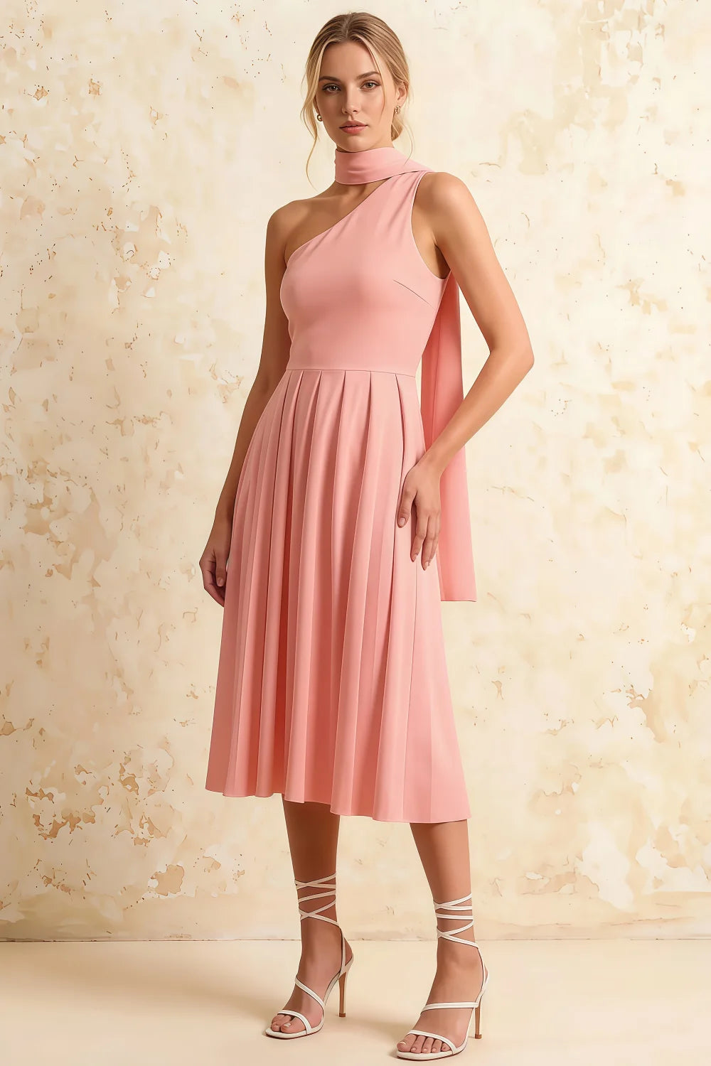 Vestido Midi Rosa Helen de un Hombro con Pañuelo | Ropa de Gala