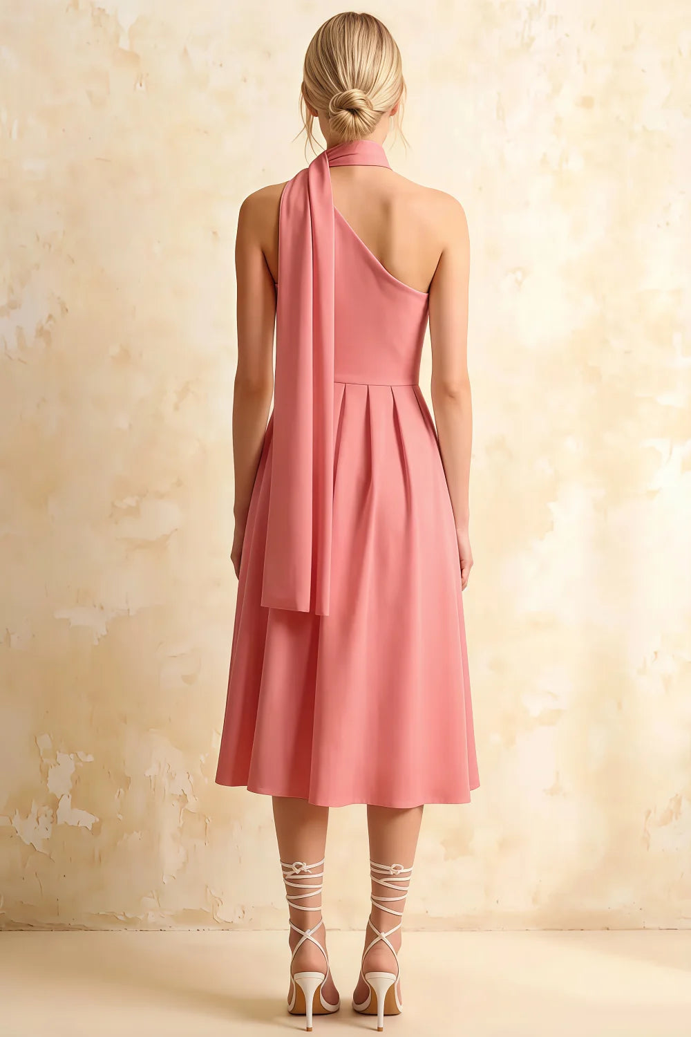 Helen One Shoulder Pink Midi Dress with Scarf | Formal Occasion Wear