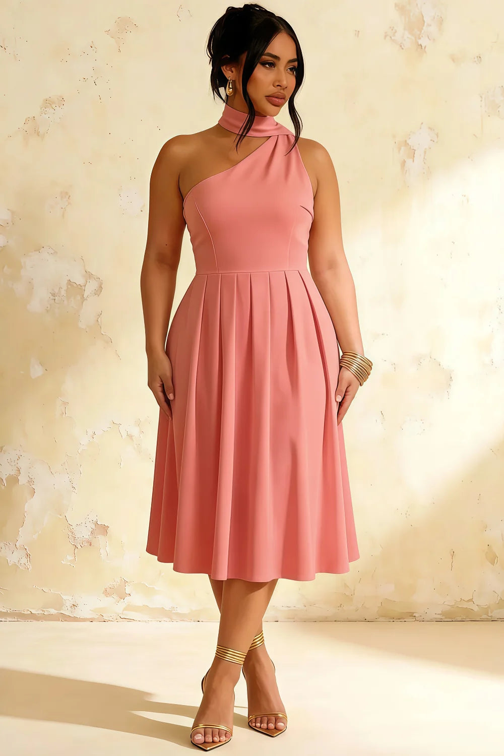 Helen One Shoulder Pink Midi Dress with Scarf | Formal Occasion Wear