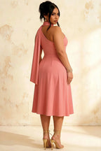 Helen One Shoulder Pink Midi Dress with Scarf | Formal Occasion Wear