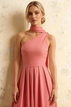 Helen One Shoulder Pink Midi Dress with Scarf | Formal Occasion Wear