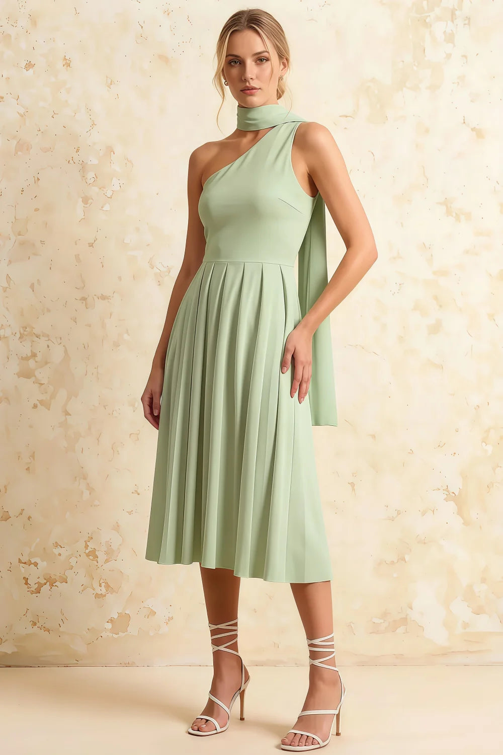 Helen One Shoulder Mint Midi Dress with Scarf | Elegant Flowy Pleated Green Dress