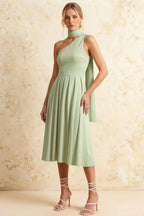 Helen One Shoulder Mint Midi Dress with Scarf | Elegant Flowy Pleated Green Dress