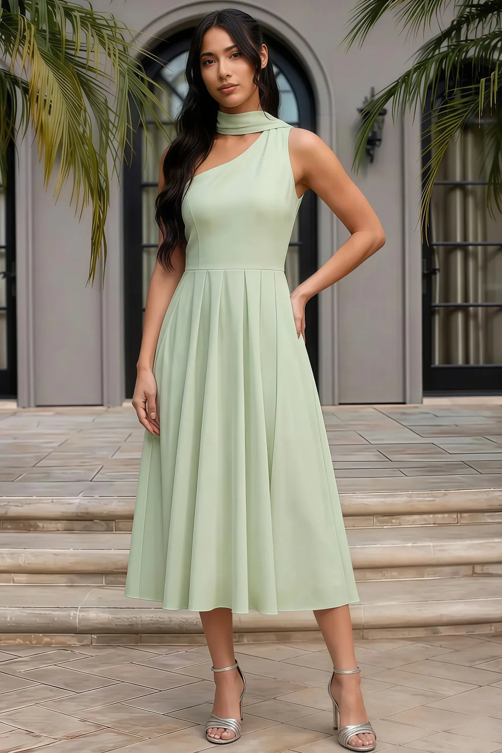 Helen One Shoulder Mint Midi Dress with Scarf | Elegant Flowy Pleated Green Dress Secondary image